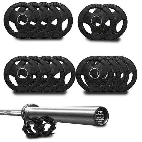 TITANIUM USA 190KG RUBBER COATED WEIGHT PLATE AND BARBELL PACKAGE