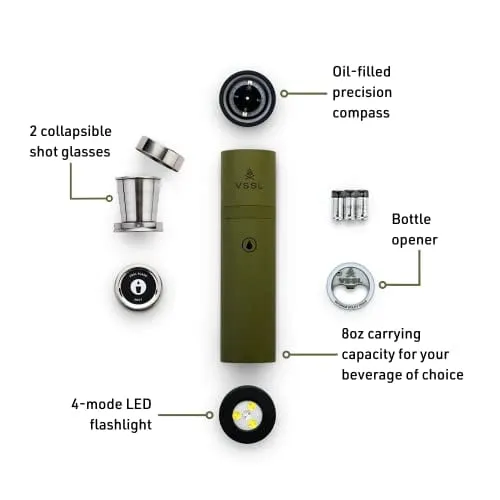VSSL Flask - 9oz Glass Infused Adventure Flask with 2 Collapsible Shot Glasses and 4-Mode LED Light (Green)