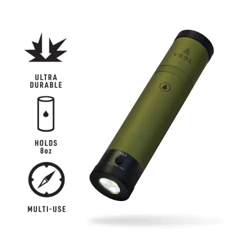 VSSL Flask - 9oz Glass Infused Adventure Flask with 2 Collapsible Shot Glasses and 4-Mode LED Light (Green)